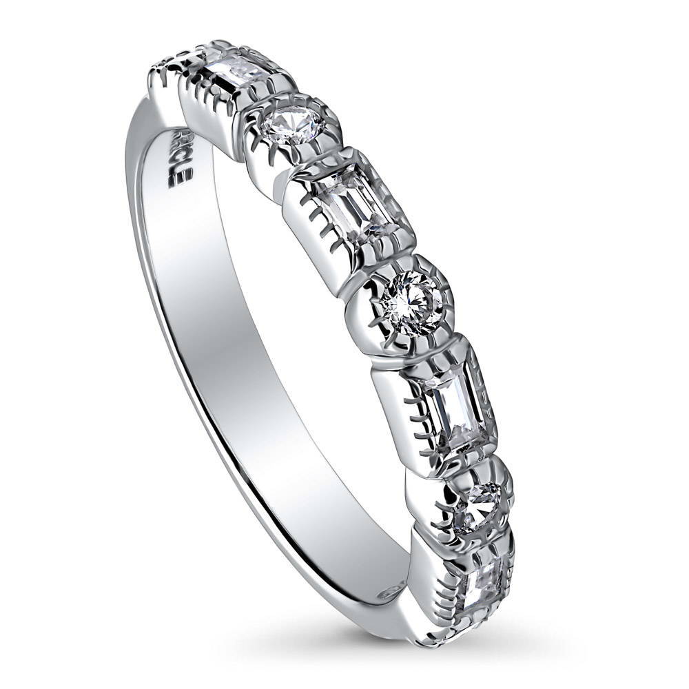 Art Deco Milgrain Bezel Set CZ Half Eternity Ring in Sterling Silver