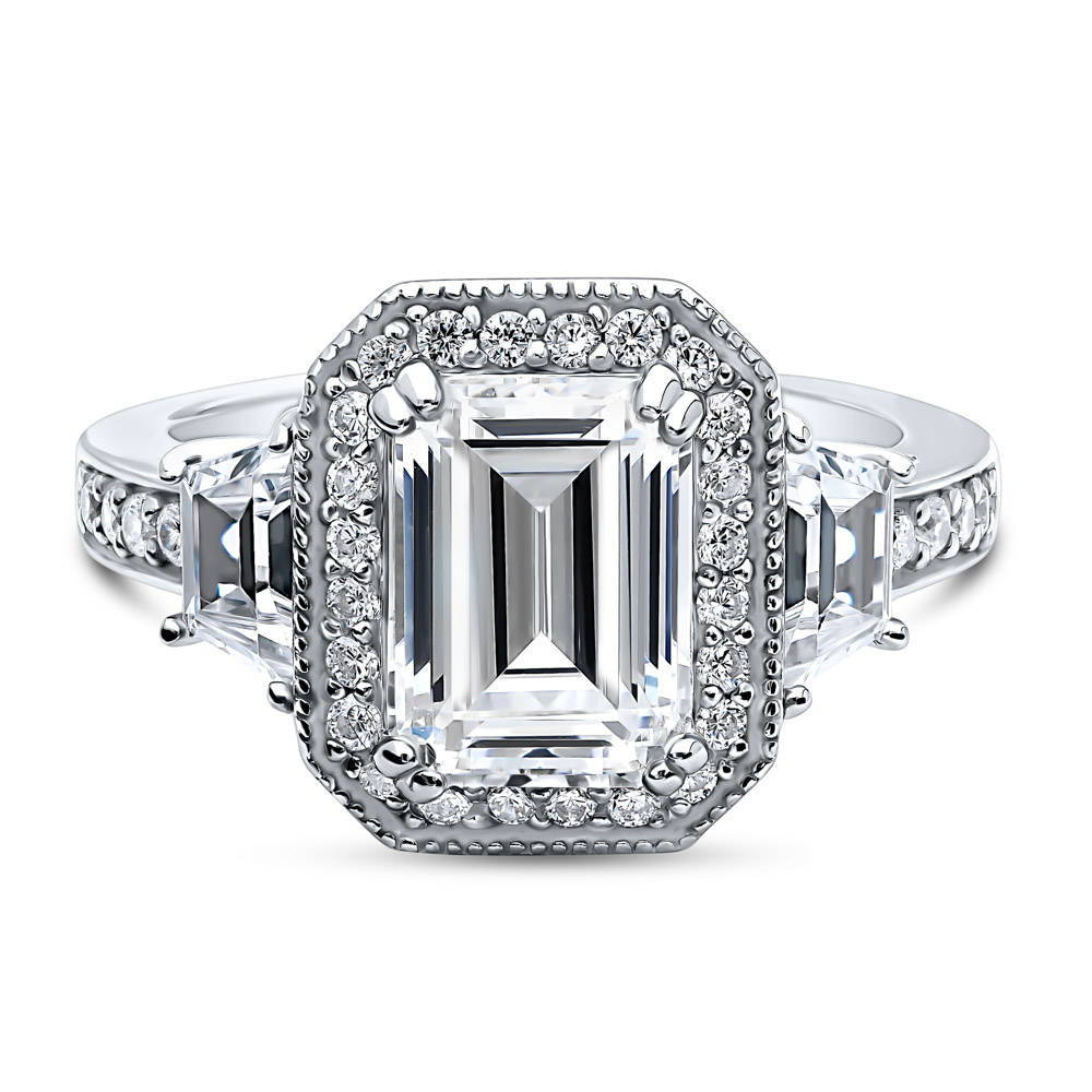 Halo Emerald Cut CZ Statement Ring in Sterling Silver, 1 of 7
