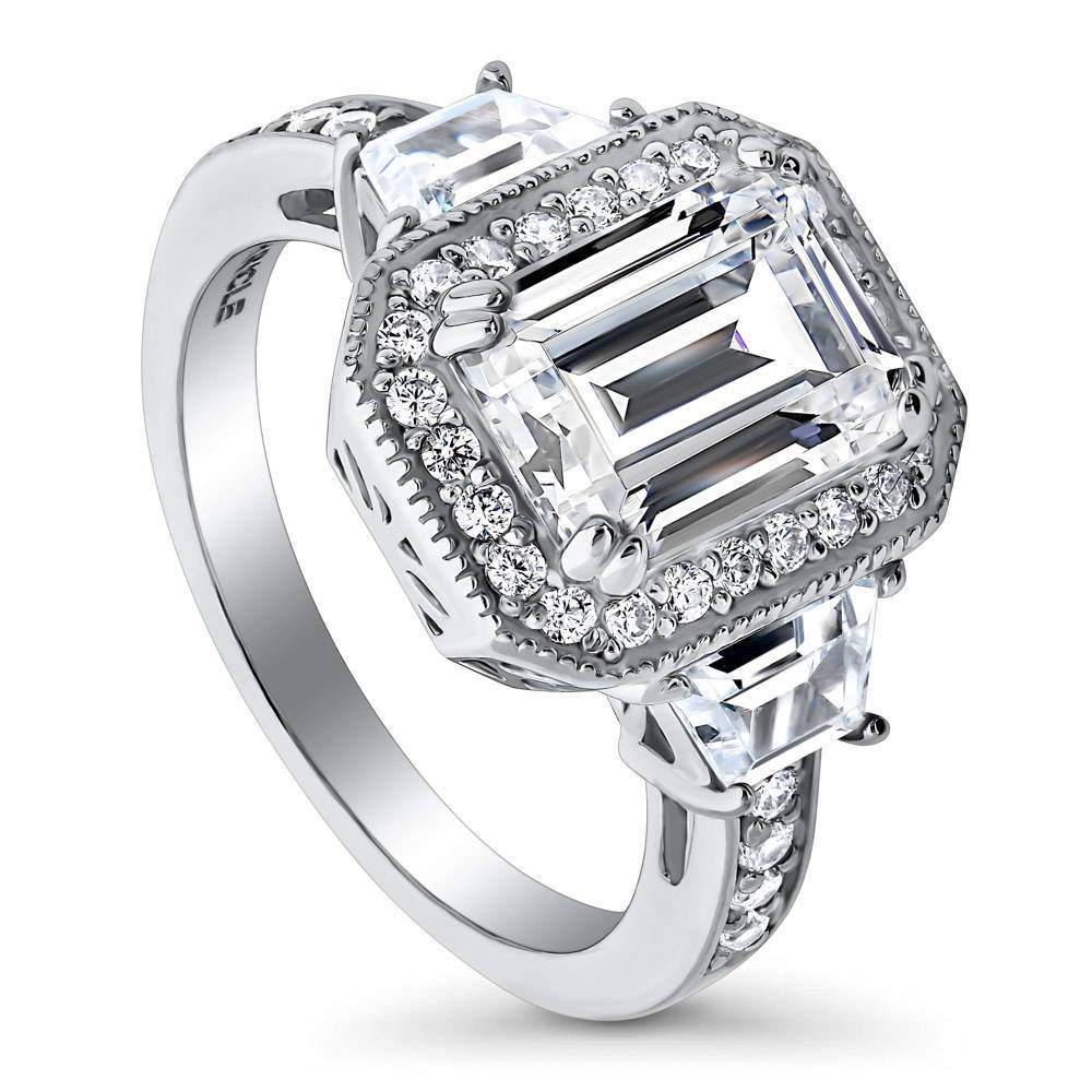 Front view of Halo Emerald Cut CZ Statement Ring in Sterling Silver, 4 of 7