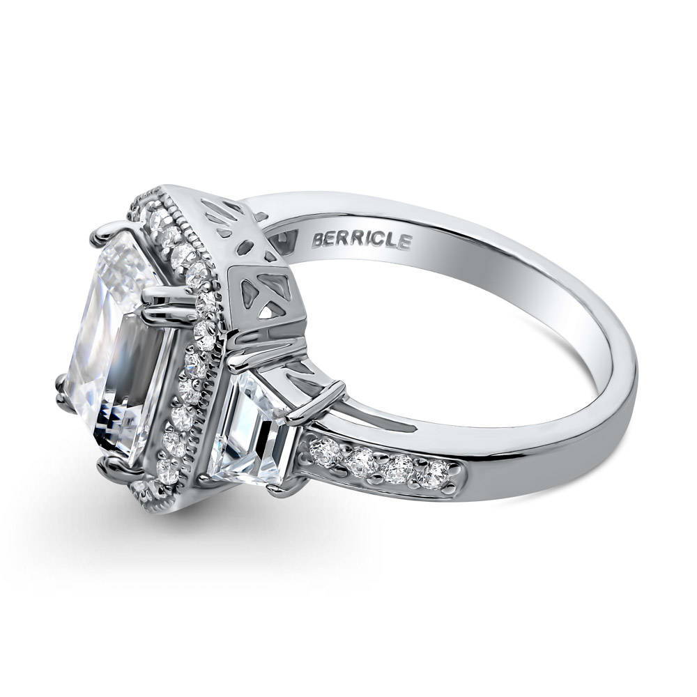 Angle view of Halo Emerald Cut CZ Statement Ring in Sterling Silver, 5 of 7