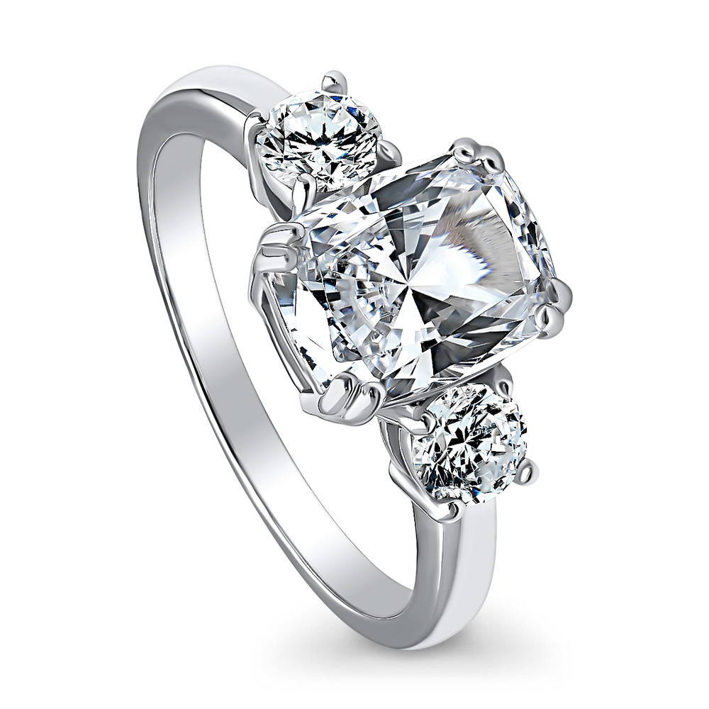 Front view of 3-Stone Cushion CZ Ring in Sterling Silver, 3 of 5