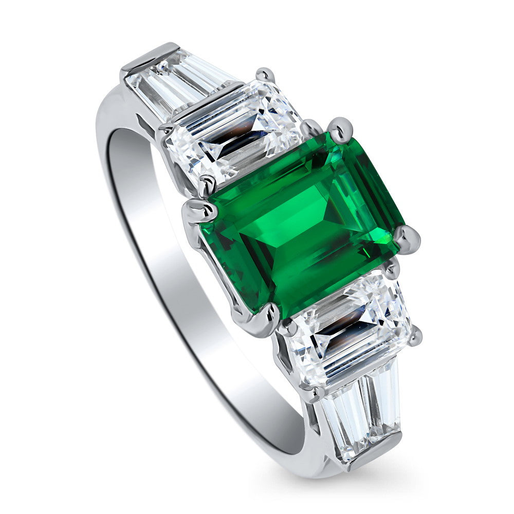 3-Stone Emerald-Green Emerald Cut CZ Ring in Sterling Silver