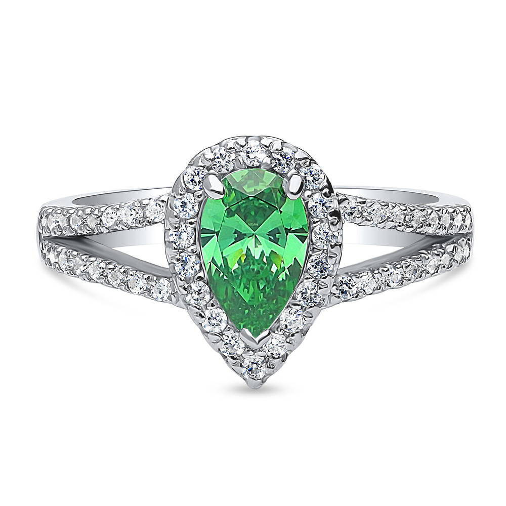 Halo Green Pear CZ Split Shank Ring in Sterling Silver