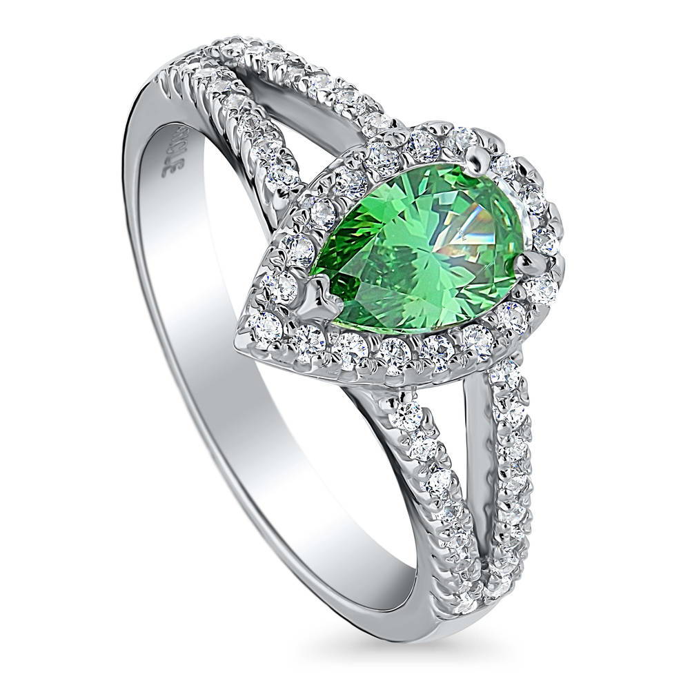 Halo Green Pear CZ Split Shank Ring in Sterling Silver