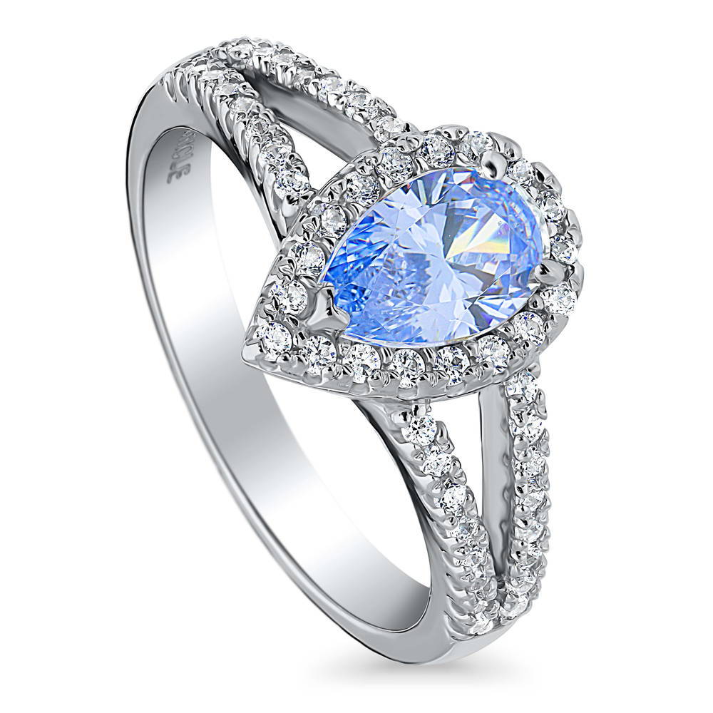 Halo Blue Pear CZ Split Shank Ring in Sterling Silver