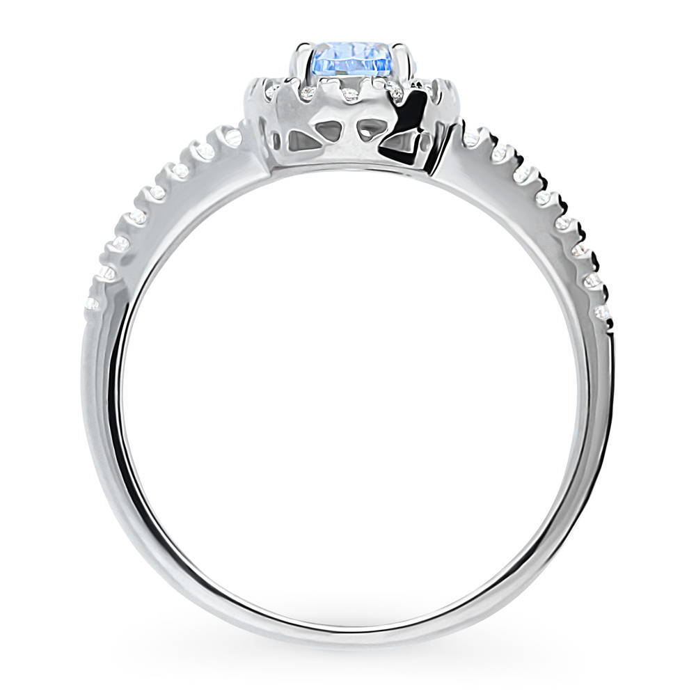 Halo Blue Pear CZ Split Shank Ring in Sterling Silver