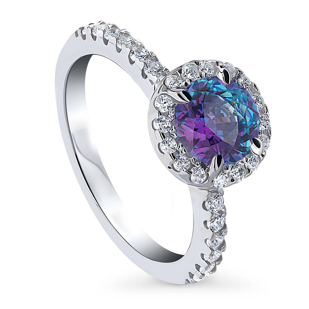 Front view of Halo Kaleidoscope Purple Aqua Round CZ Ring in Sterling Silver, 4 of 8