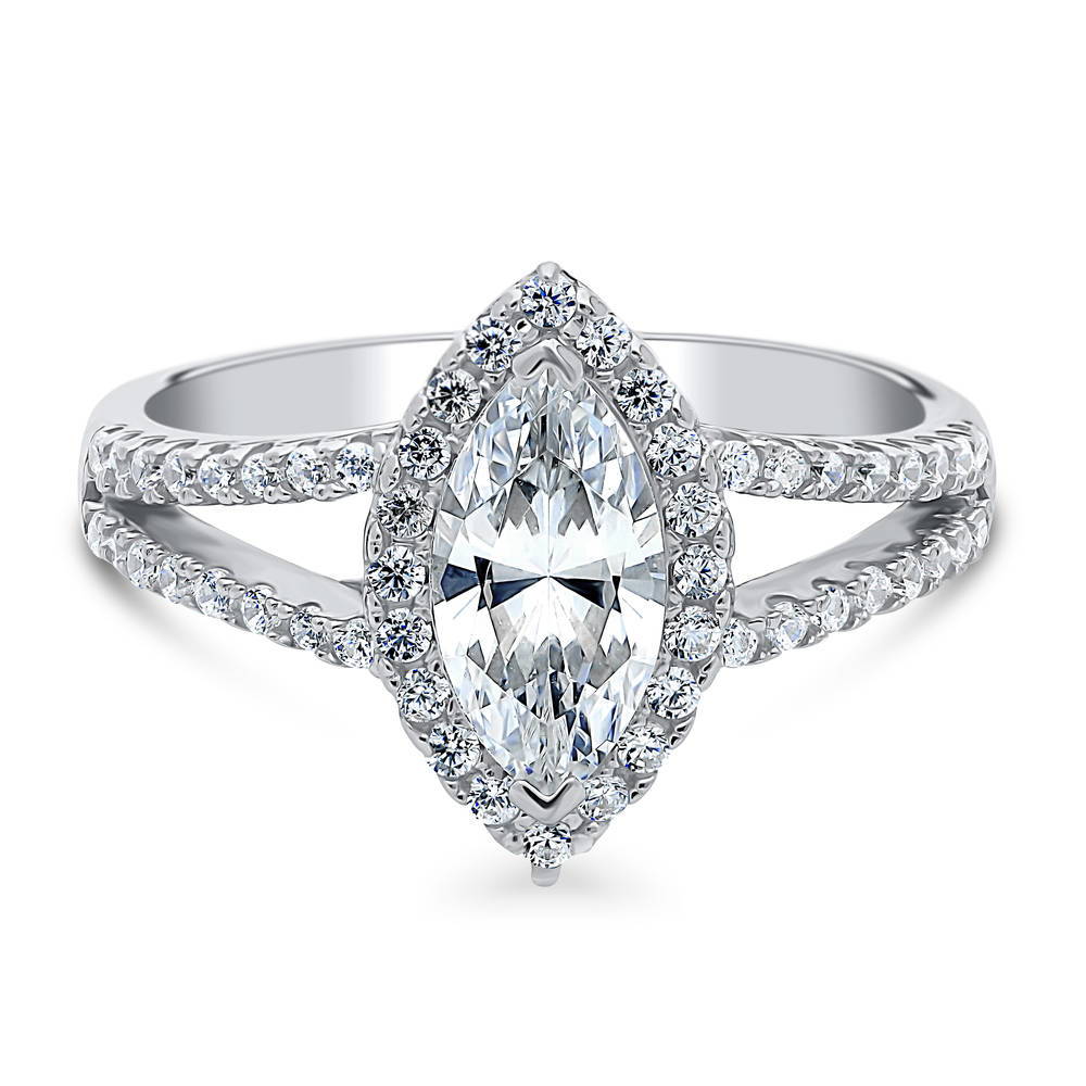 Halo Marquise CZ Split Shank Ring in Sterling Silver