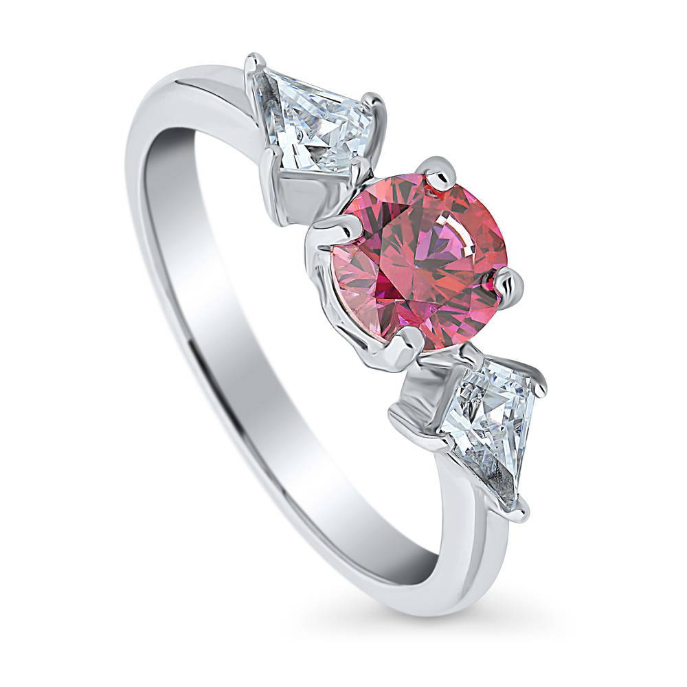 Front view of 3-Stone Red Round CZ Ring in Sterling Silver, 4 of 7
