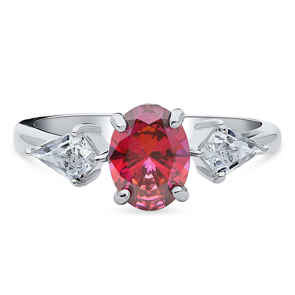 3-Stone Red Oval CZ Ring in Sterling Silver, 1 of 7