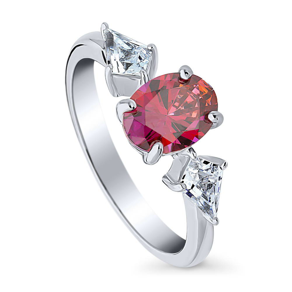 Front view of 3-Stone Red Oval CZ Ring in Sterling Silver, 4 of 7