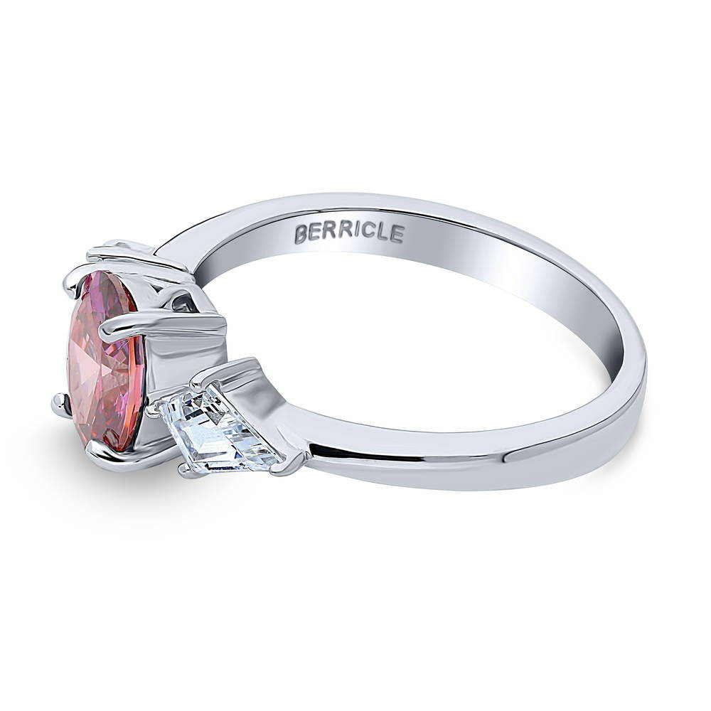 Angle view of 3-Stone Red Oval CZ Ring in Sterling Silver, 5 of 7