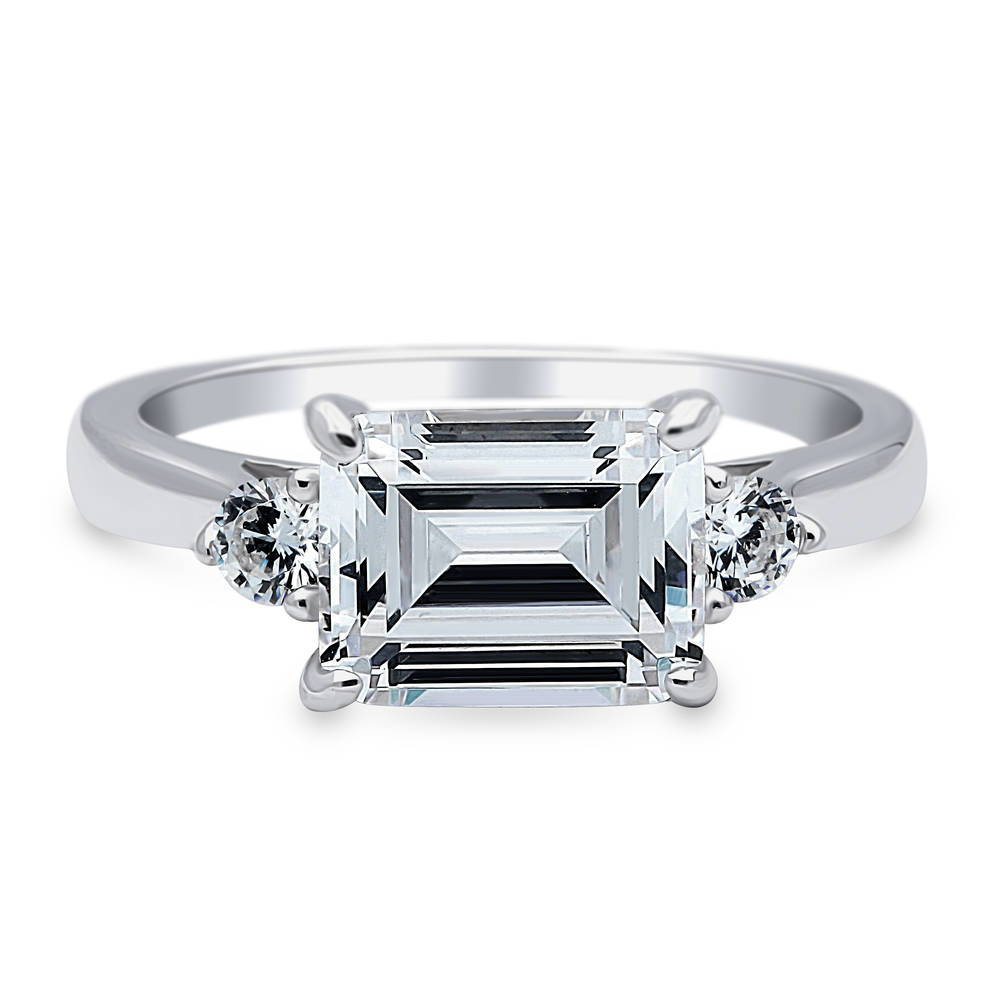 3-Stone East-West Emerald Cut CZ Ring in Sterling Silver, 1 of 7