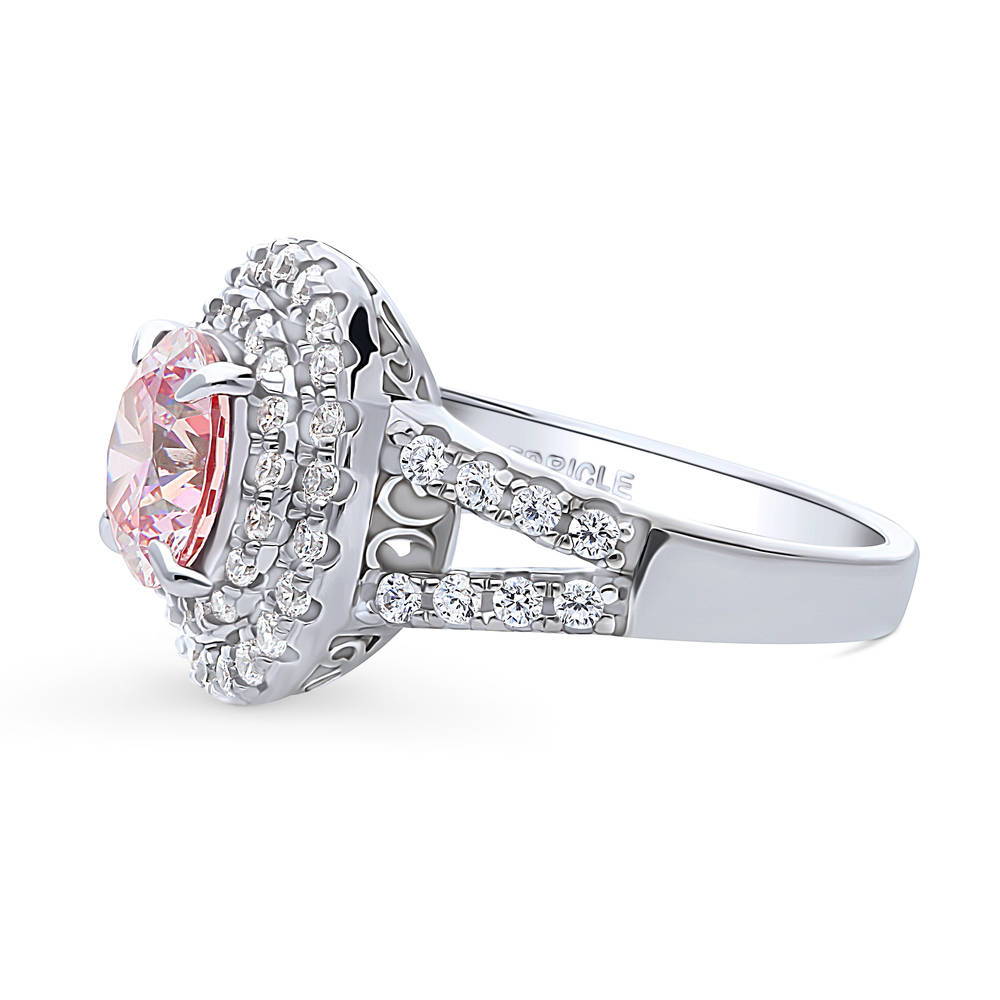 Halo Morganite-Pink CZ Split Shank Ring in Sterling Silver