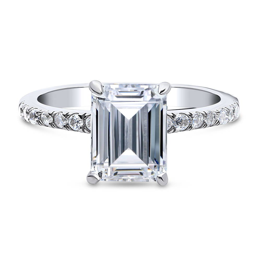 Solitaire Hidden Halo 2.6ct Emerald Cut CZ Ring in Sterling Silver