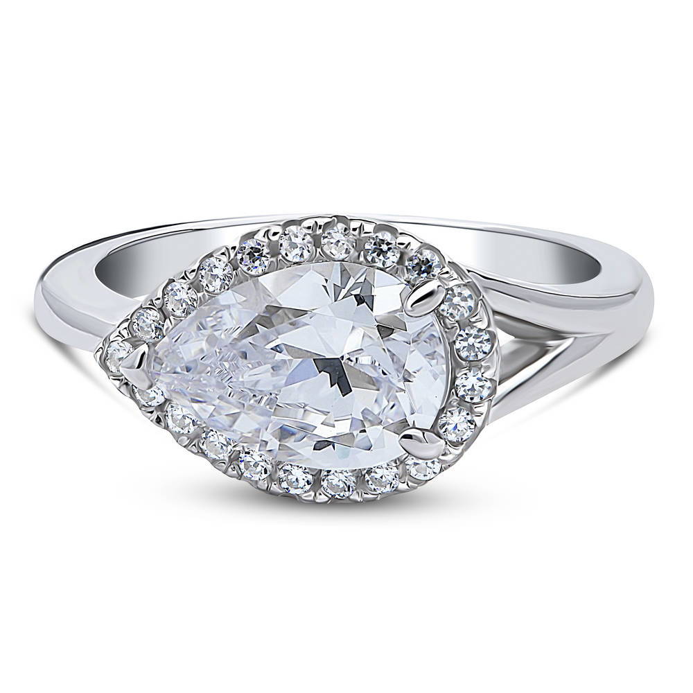 Halo East-West Pear CZ Split Shank Ring in Sterling Silver