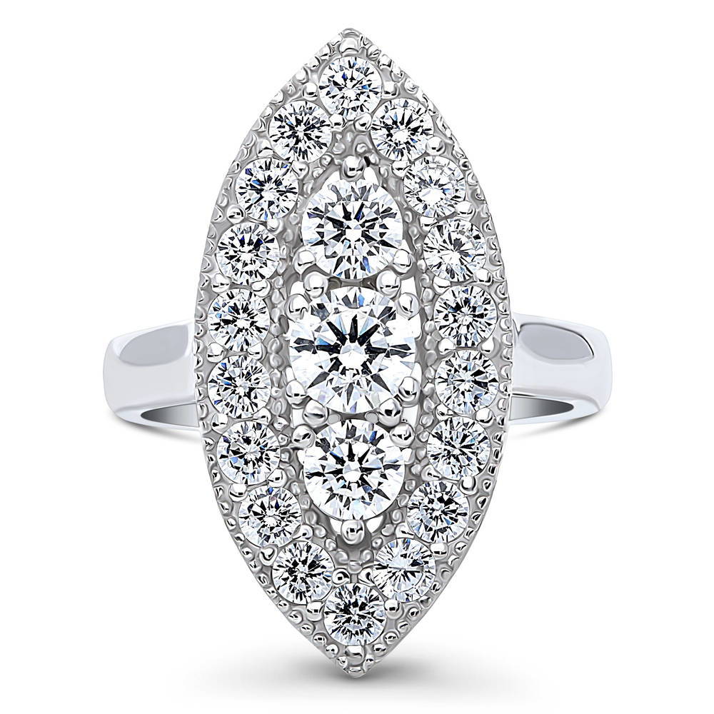 3-Stone Navette Round CZ Statement Ring in Sterling Silver