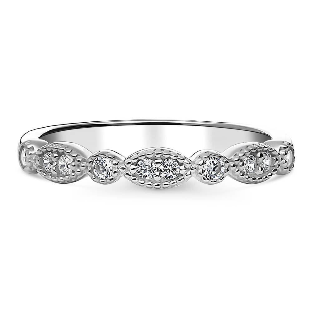 Milgrain Art Deco Crown Set CZ Half Eternity Ring in Sterling Silver