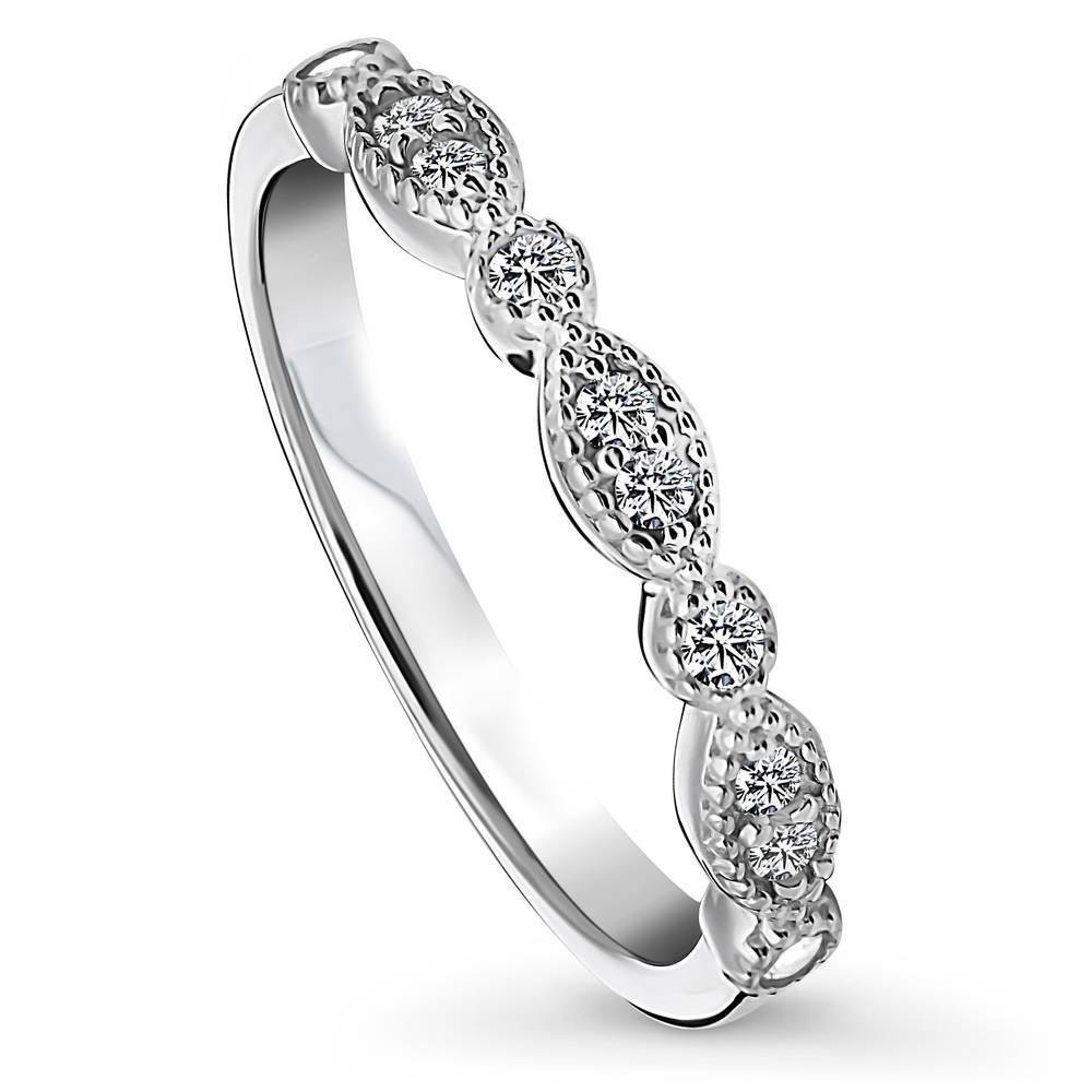 Milgrain Art Deco Crown Set CZ Half Eternity Ring in Sterling Silver