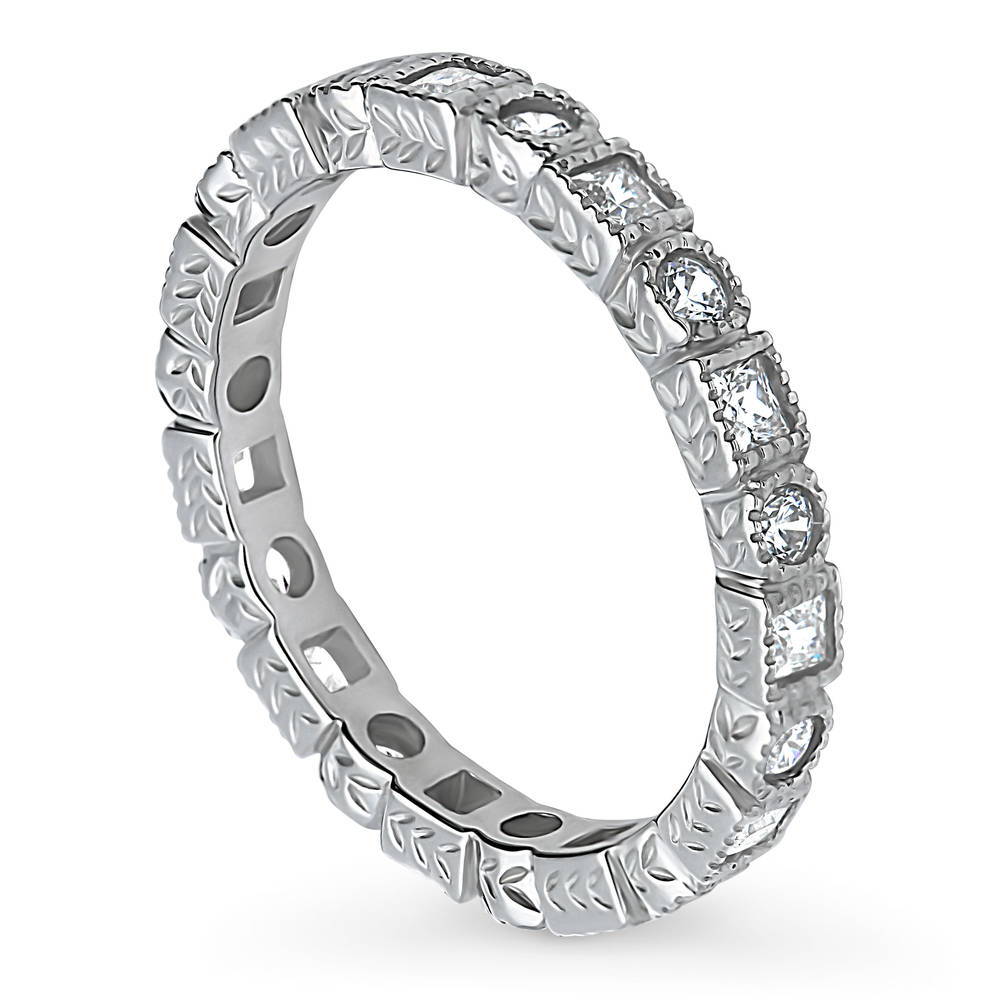 Art Deco Milgrain Bezel Set CZ Eternity Ring in Sterling Silver