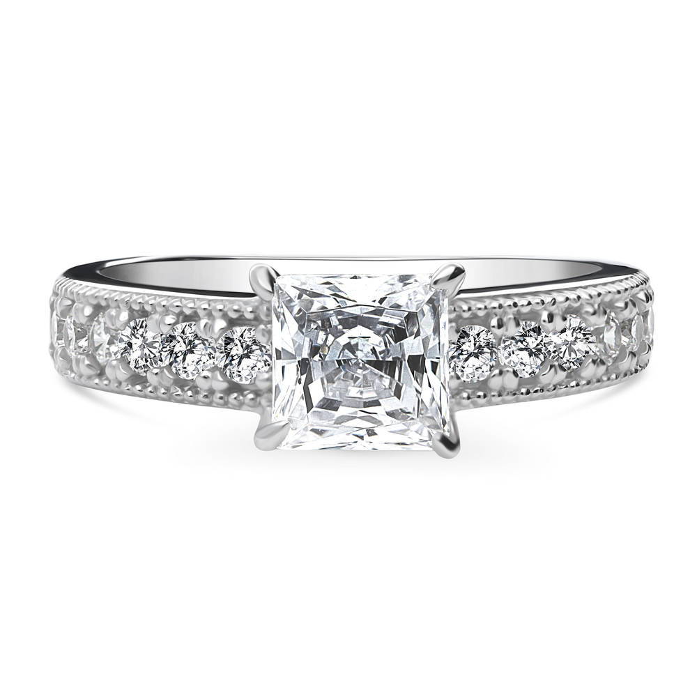 Solitaire Milgrain 1.2ct Princess CZ Ring in Sterling Silver, 1 of 8