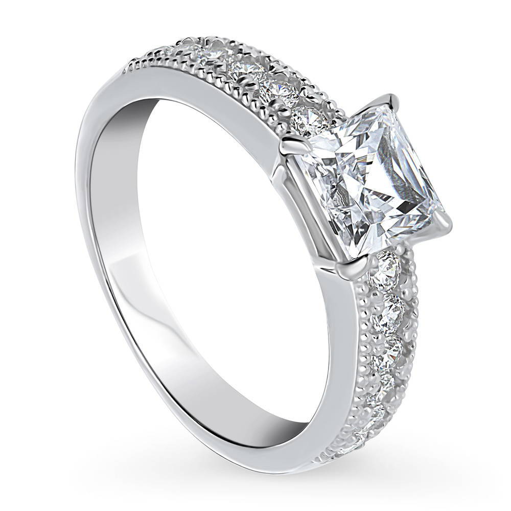 Front view of Solitaire Milgrain 1.2ct Princess CZ Ring in Sterling Silver, 4 of 8