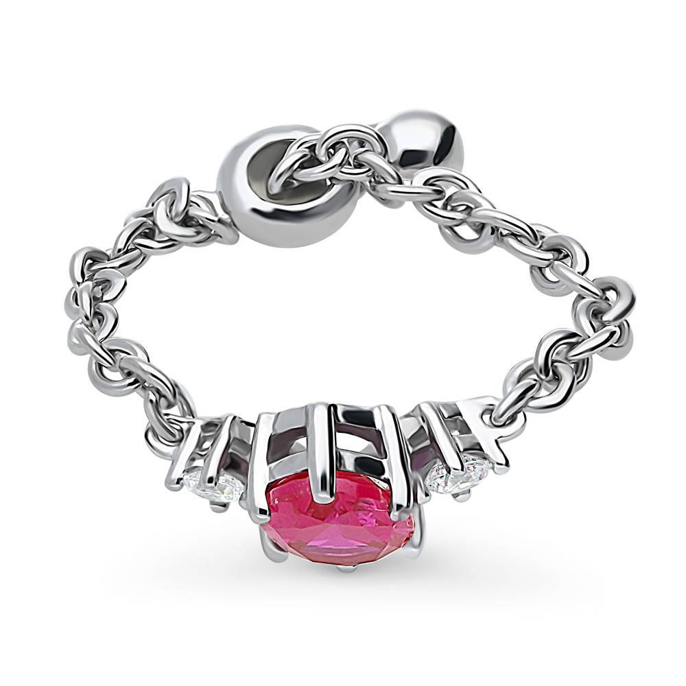 3-Stone Simulated Ruby Oval CZ Chain Ring in Sterling Silver
