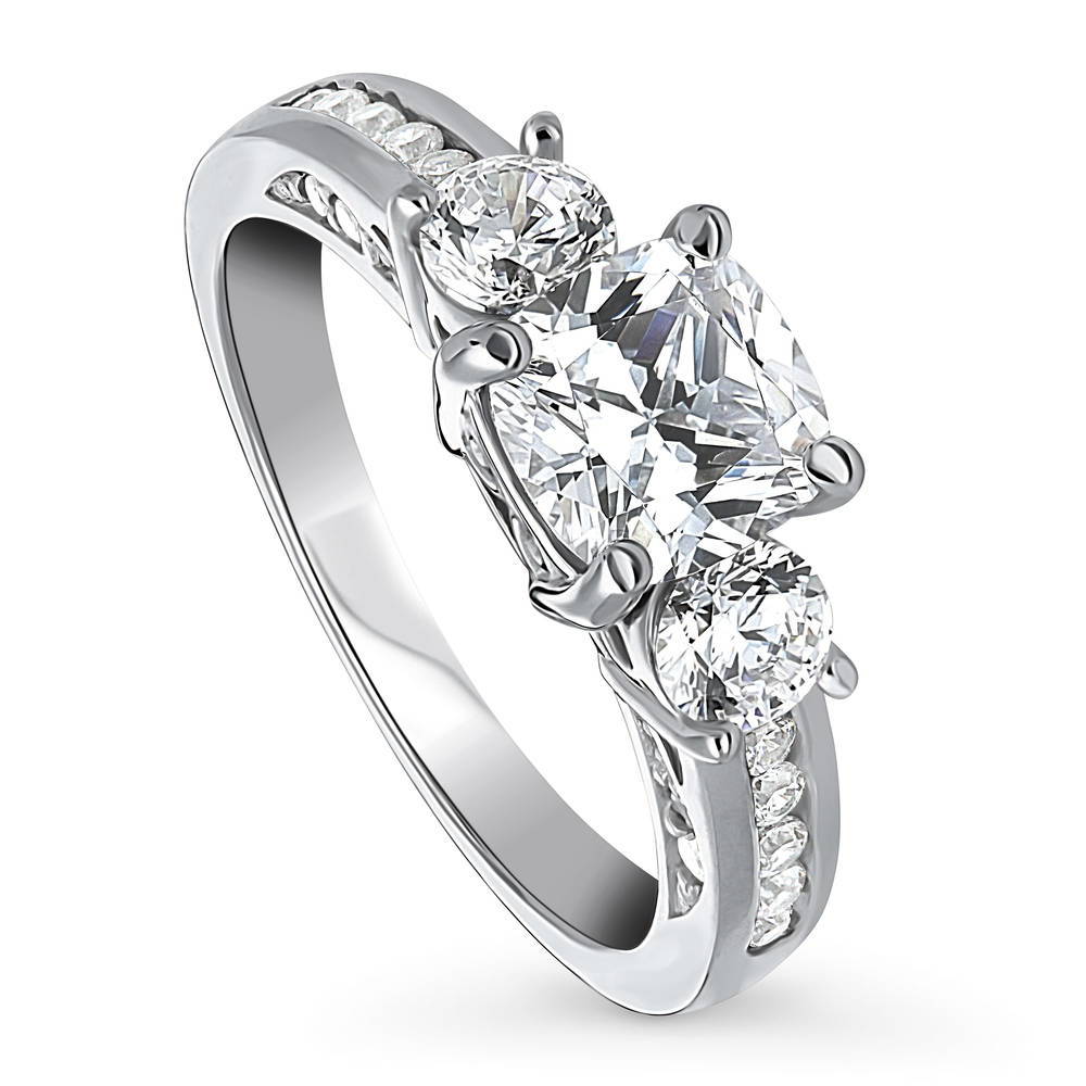 Front view of 3-Stone Cushion CZ Ring in Sterling Silver, 4 of 9