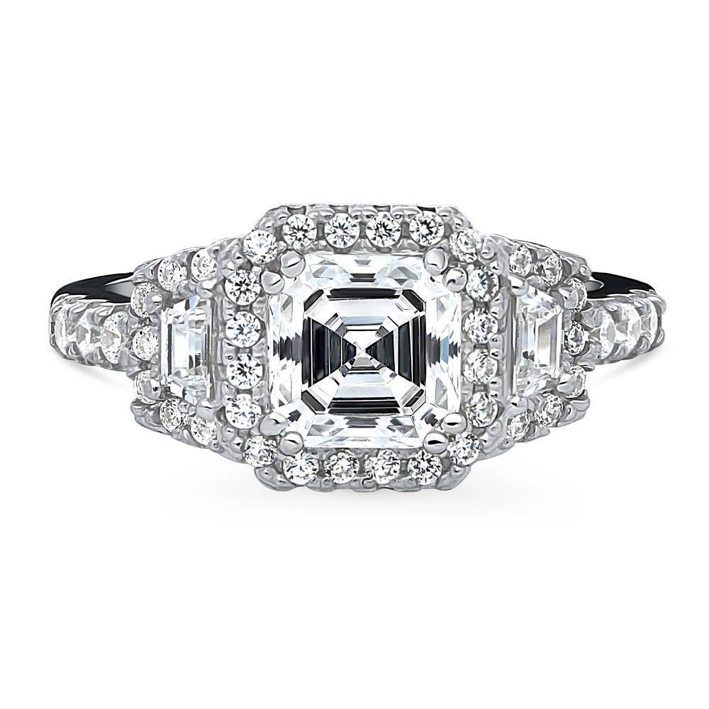 Halo 3-Stone Asscher CZ Statement Ring in Sterling Silver