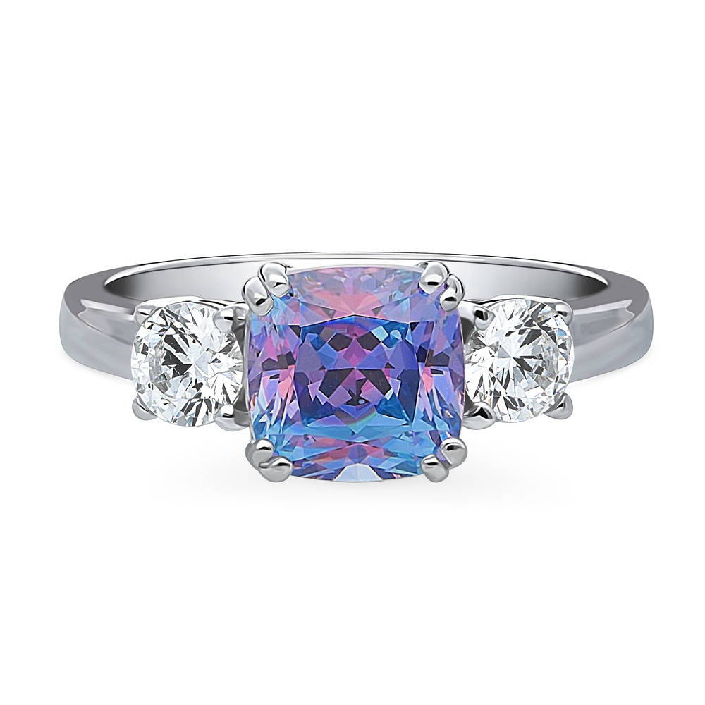 3-Stone Kaleidoscope Purple Aqua Cushion CZ Ring in Sterling Silver