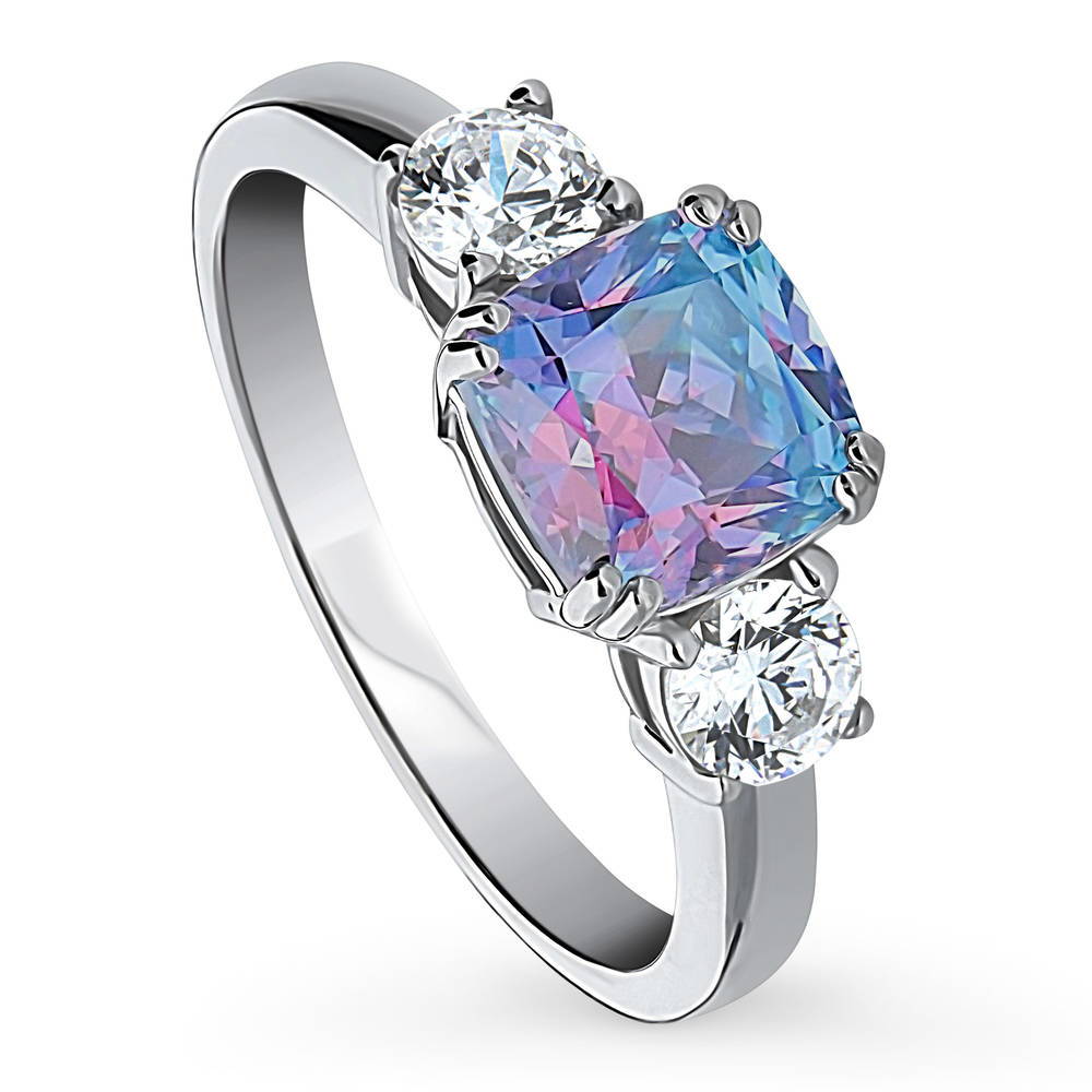 3-Stone Kaleidoscope Purple Aqua Cushion CZ Ring in Sterling Silver