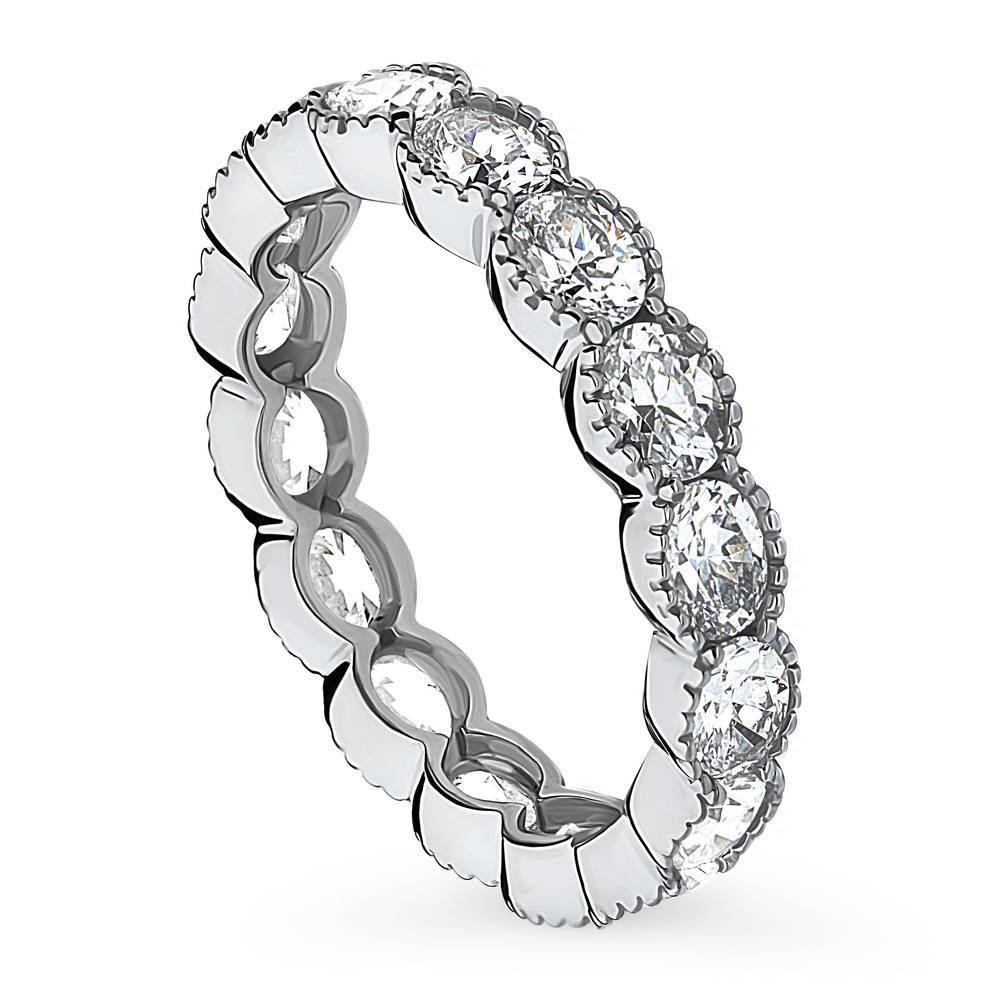 East-West Milgrain Bezel Oval CZ Eternity Ring in Sterling Silver