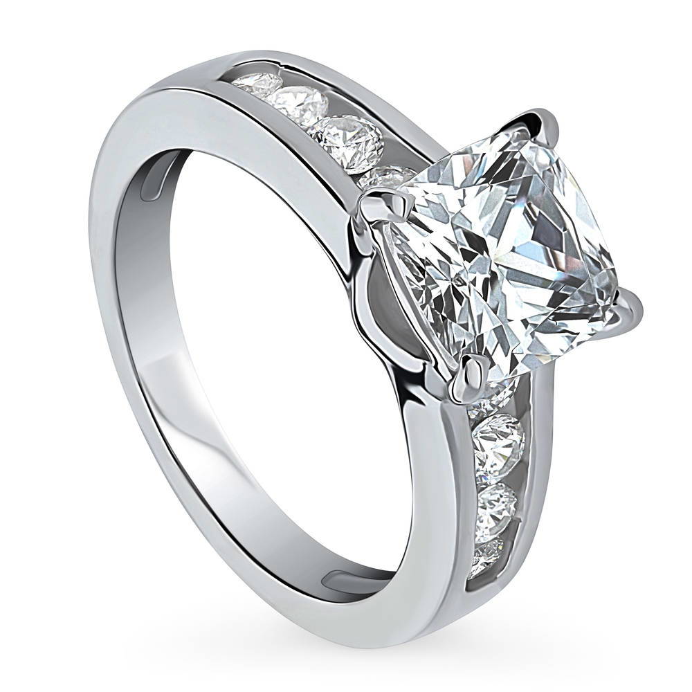 Front view of Solitaire 3ct Cushion CZ Ring in Sterling Silver, 4 of 8
