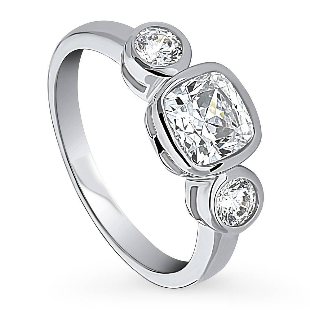 Front view of 3-Stone Cushion CZ Ring in Sterling Silver, 4 of 8