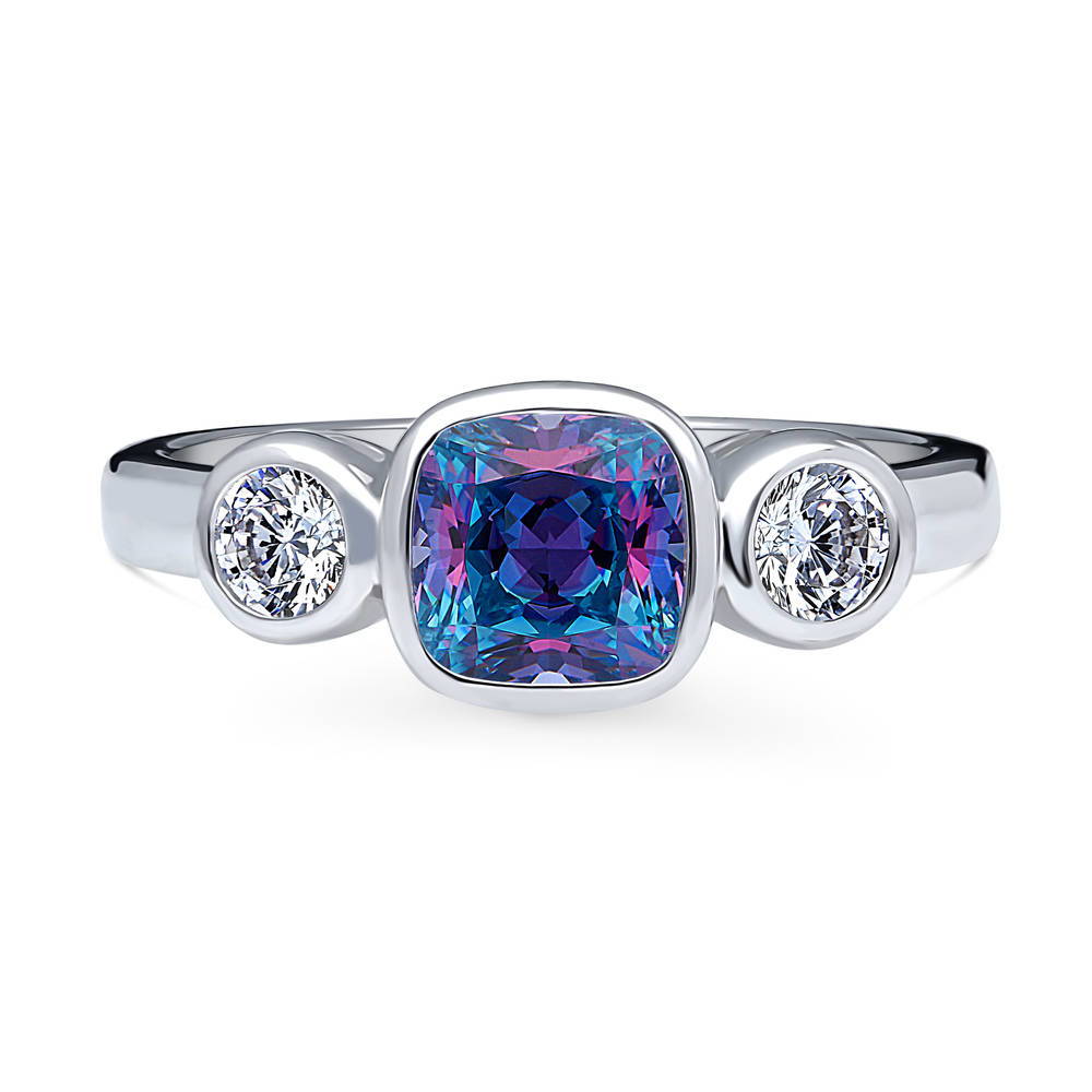 3-Stone Kaleidoscope Purple Aqua Cushion CZ Ring in Sterling Silver