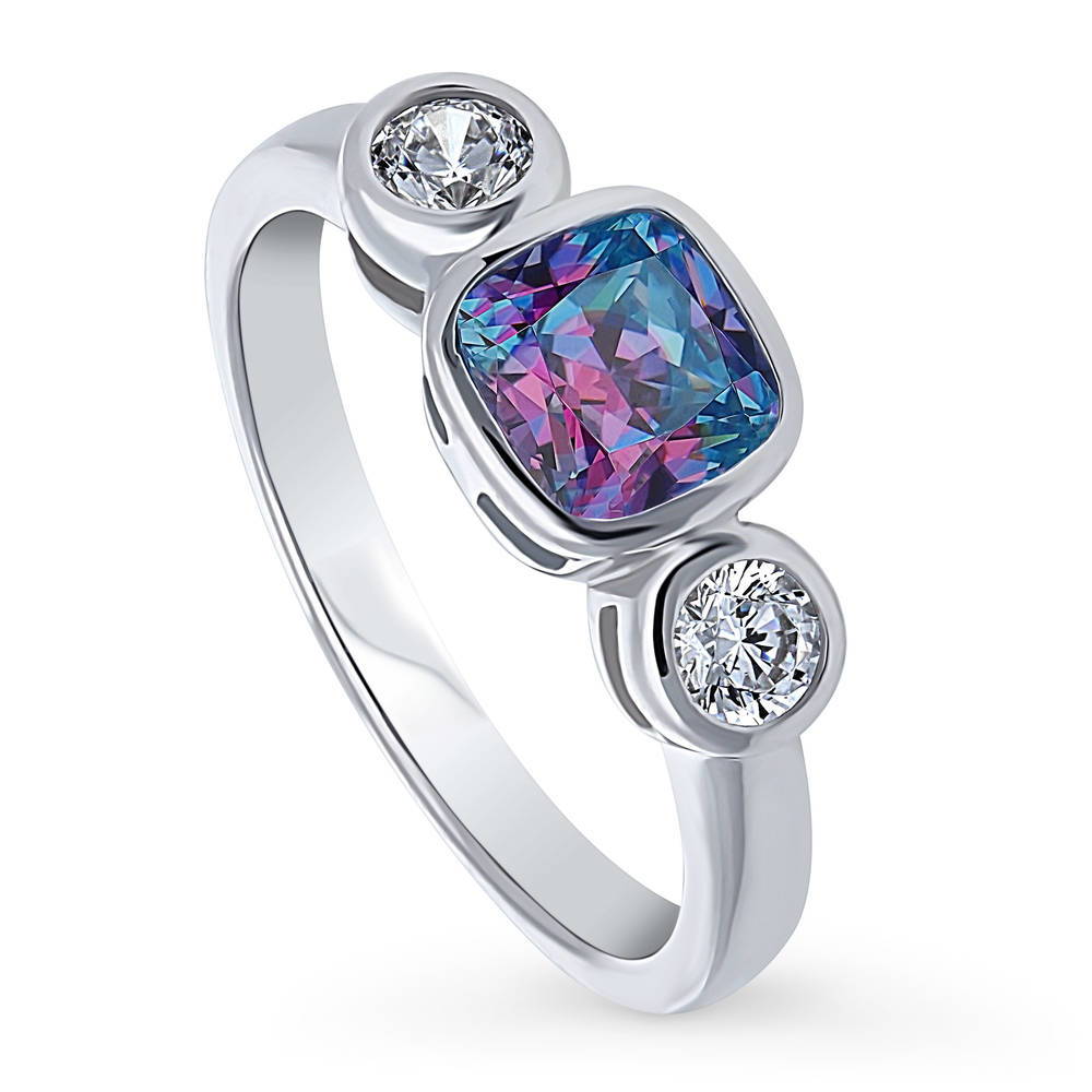 Front view of 3-Stone Kaleidoscope Purple Aqua Cushion CZ Ring in Sterling Silver, 4 of 8