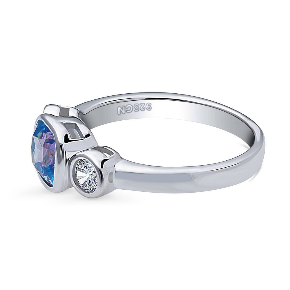 Angle view of 3-Stone Kaleidoscope Purple Aqua Cushion CZ Ring in Sterling Silver, 5 of 8