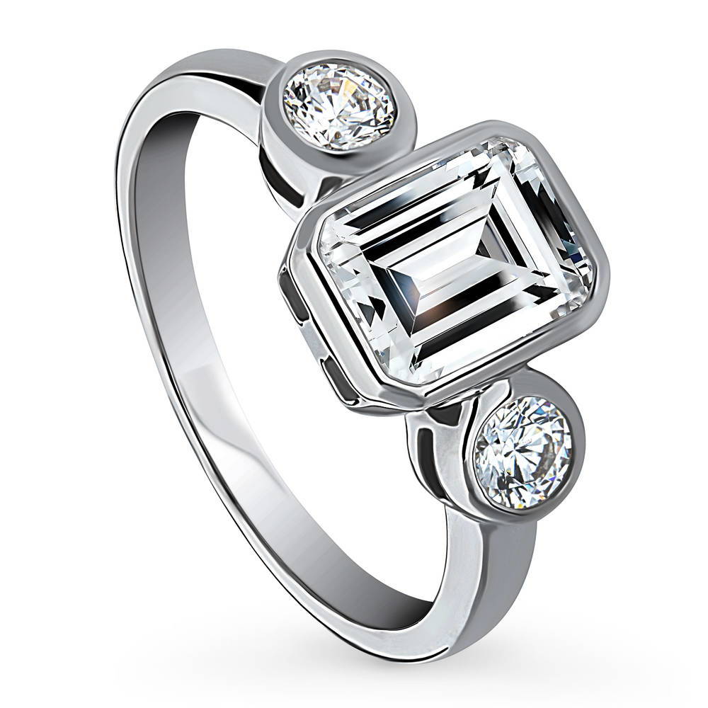 3-Stone Step Emerald Cut CZ Ring in Sterling Silver