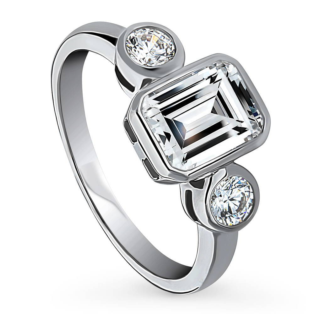 Front view of 3-Stone Step Emerald Cut CZ Ring in Sterling Silver, 4 of 8