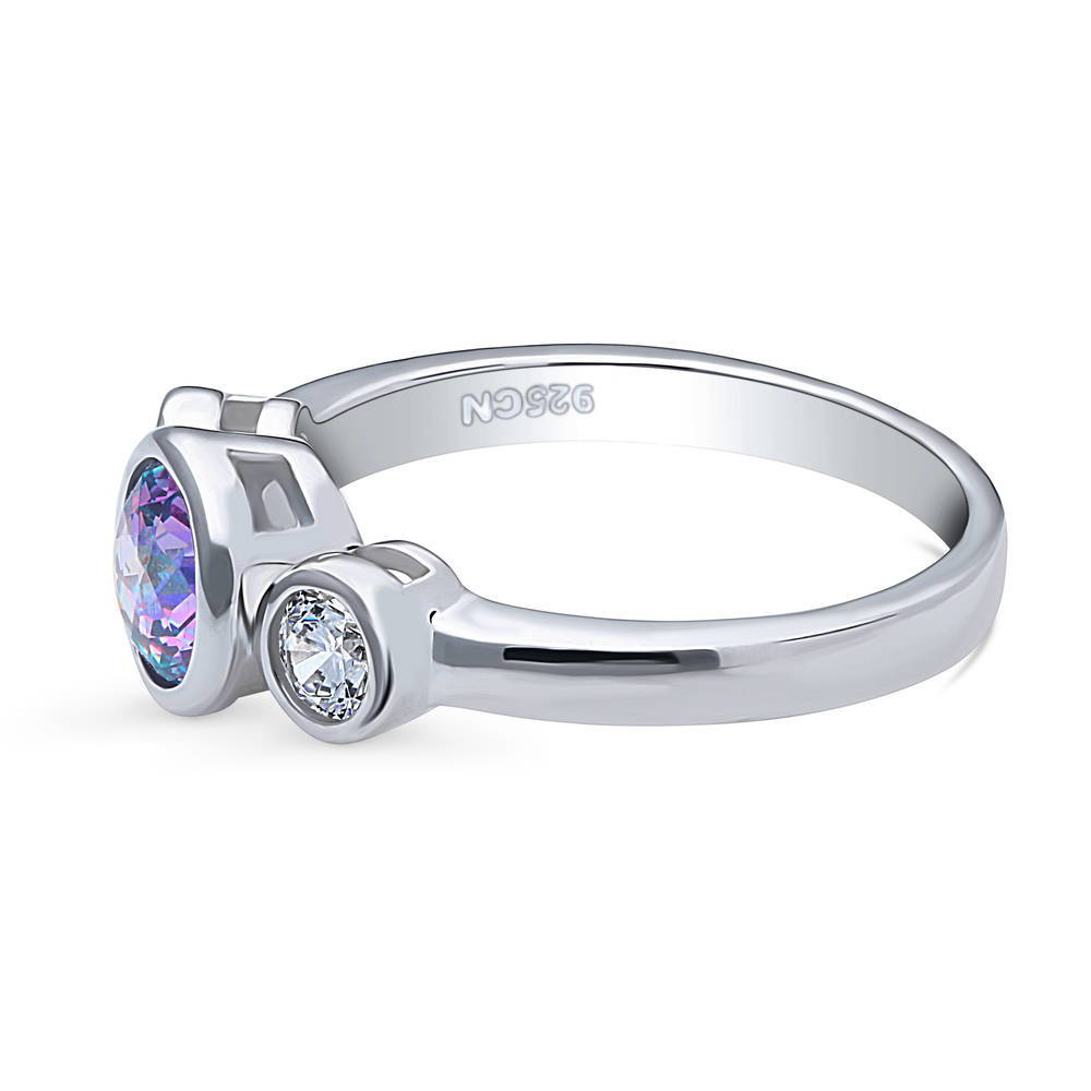 3-Stone Kaleidoscope Purple Aqua Round CZ Ring in Sterling Silver