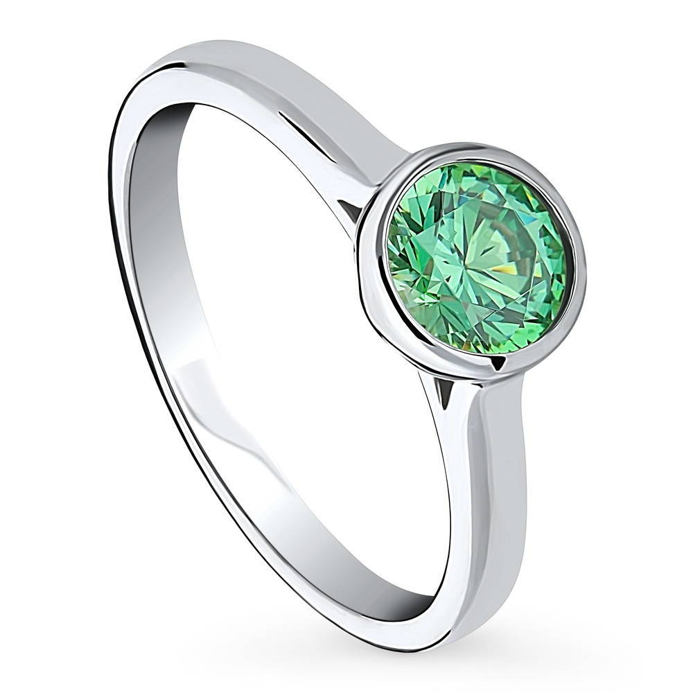 Solitaire Green Bezel Set Round CZ Ring in Sterling Silver 0.8ct