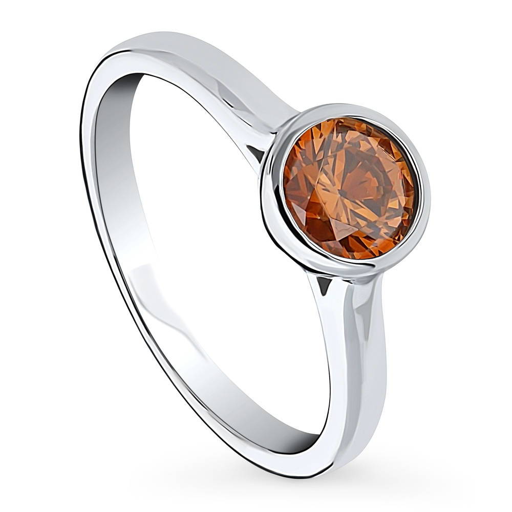 Front view of Solitaire Caramel Bezel Set Round CZ Ring in Sterling Silver 0.8ct, 4 of 8