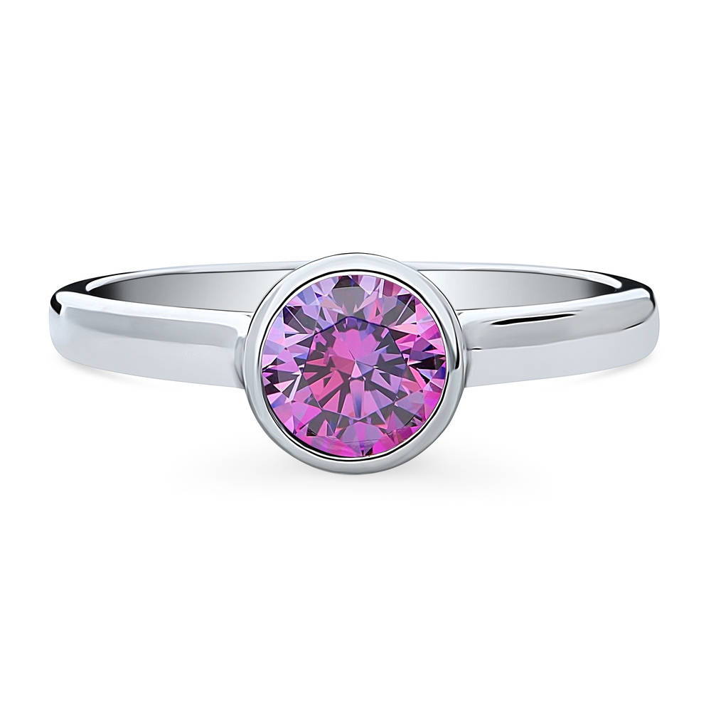 Solitaire Purple Bezel Set Round CZ Ring in Sterling Silver 0.8ct