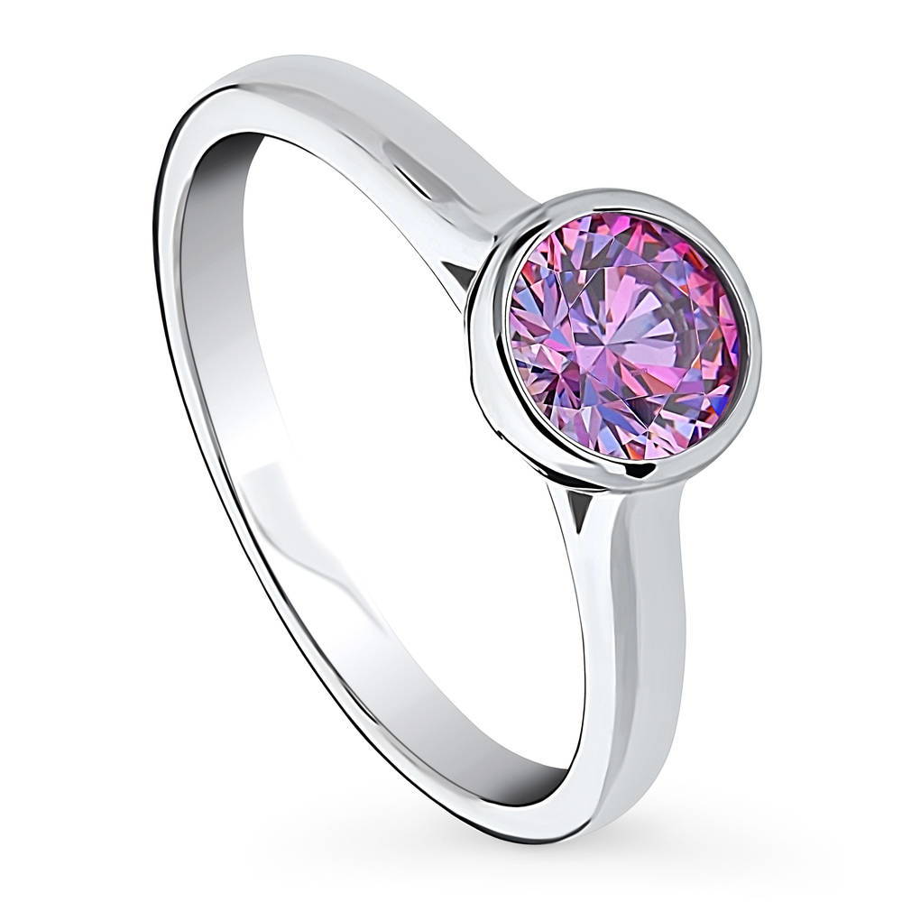 Solitaire Purple Bezel Set Round CZ Ring in Sterling Silver 0.8ct