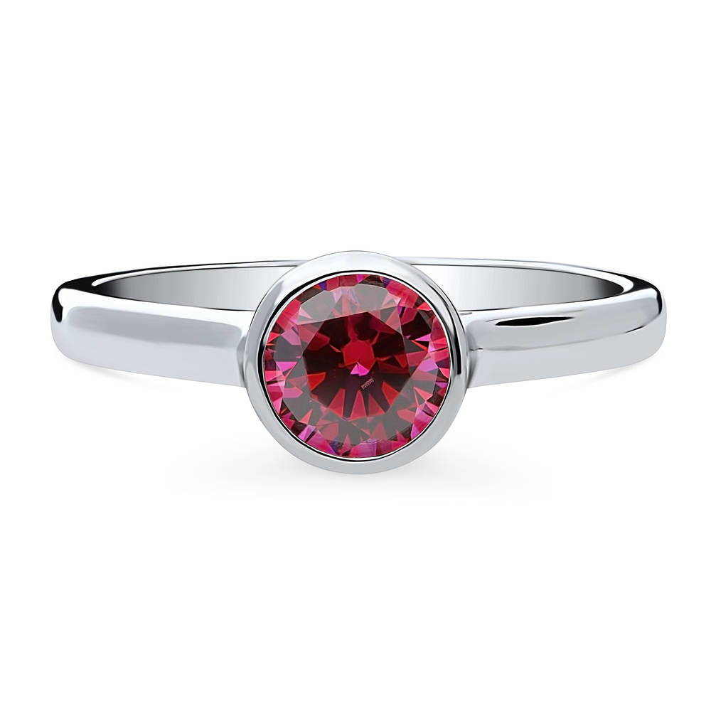 Solitaire Red Bezel Set Round CZ Ring in Sterling Silver 0.8ct