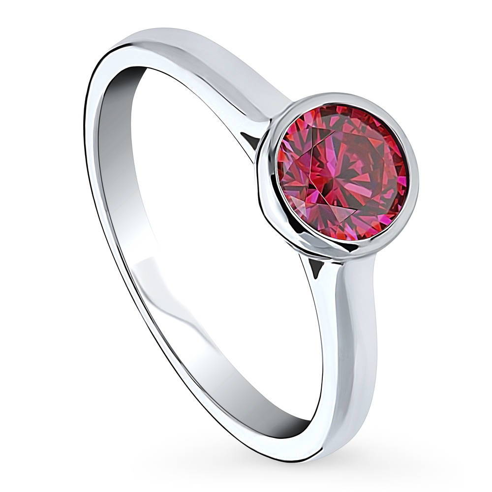 Solitaire Red Bezel Set Round CZ Ring in Sterling Silver 0.8ct