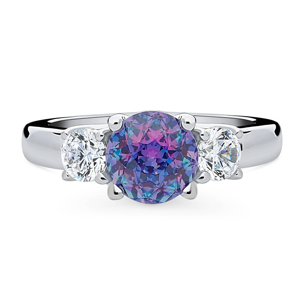 3-Stone Kaleidoscope Purple Aqua Round CZ Ring in Sterling Silver