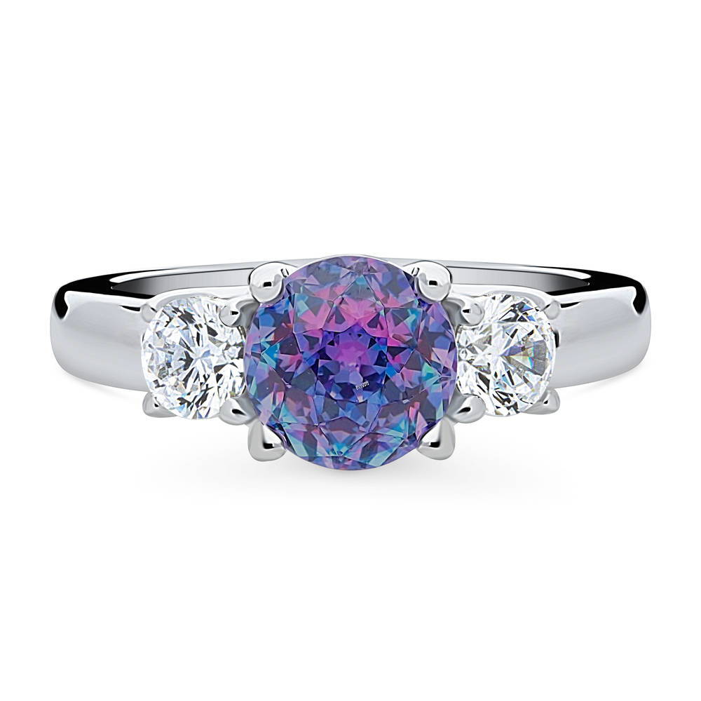 3-Stone Kaleidoscope Purple Aqua Round CZ Ring in Sterling Silver, 1 of 8