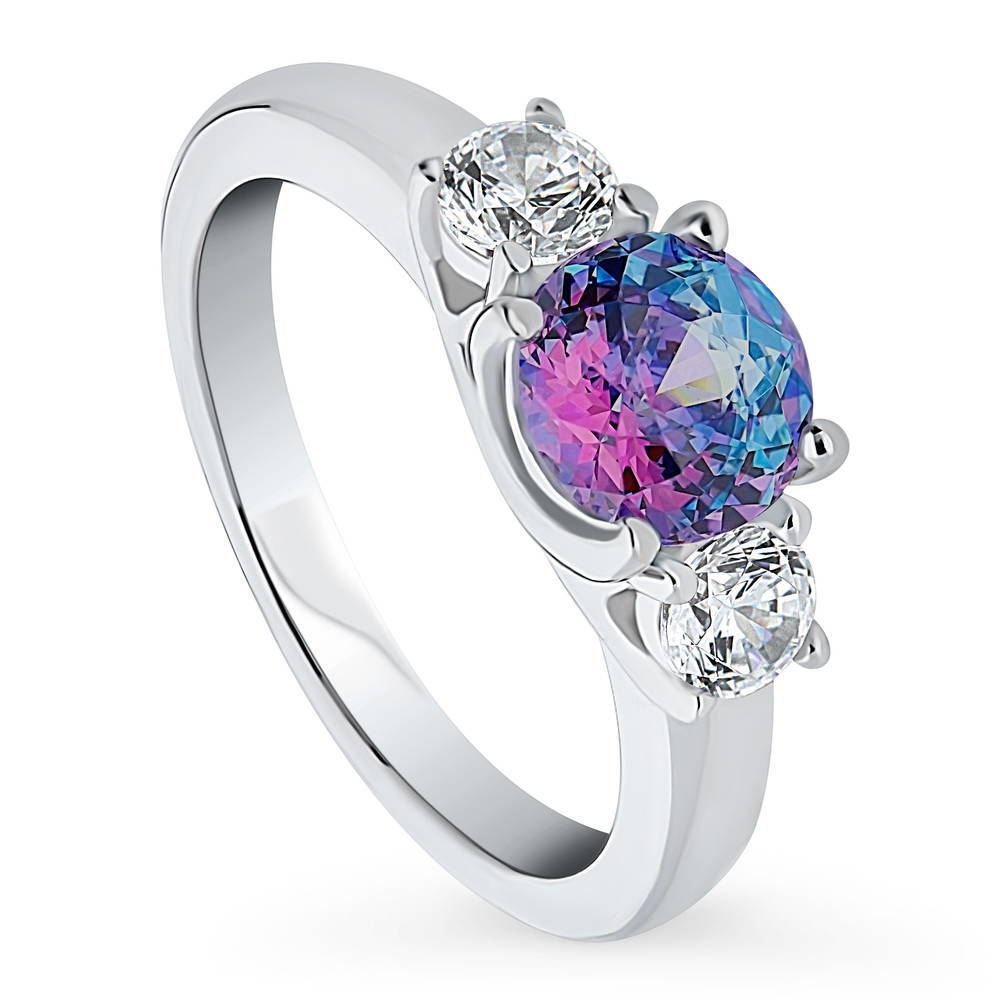 Front view of 3-Stone Kaleidoscope Purple Aqua Round CZ Ring in Sterling Silver, 4 of 8