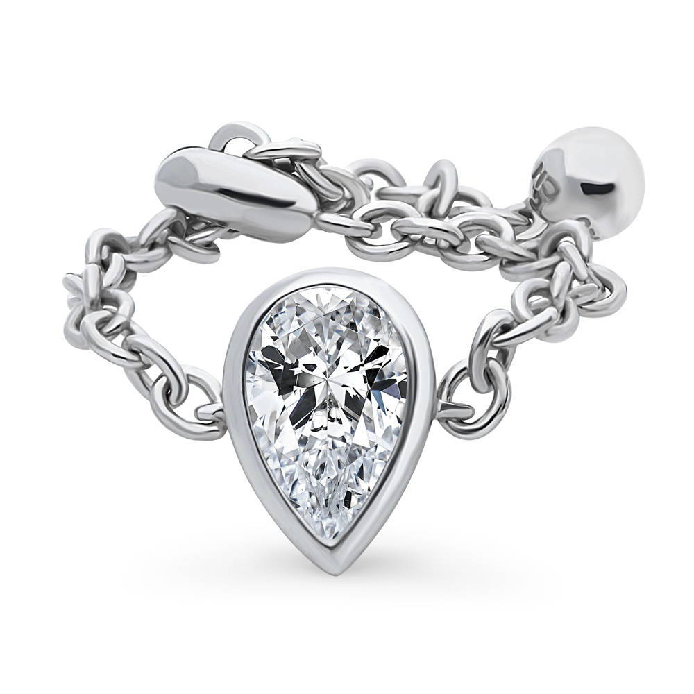 Solitaire Bezel Set Pear CZ Chain Ring in Sterling Silver 0.8ct, 1 of 7